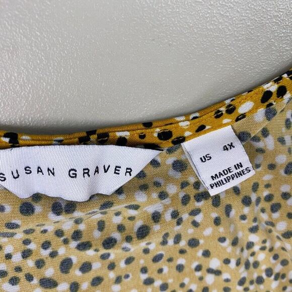 Susan Graver Liquid Knit Top Womens 4X Yellow Polka Dot Square Neck Elbow Sleeve - Picture 13 of 14